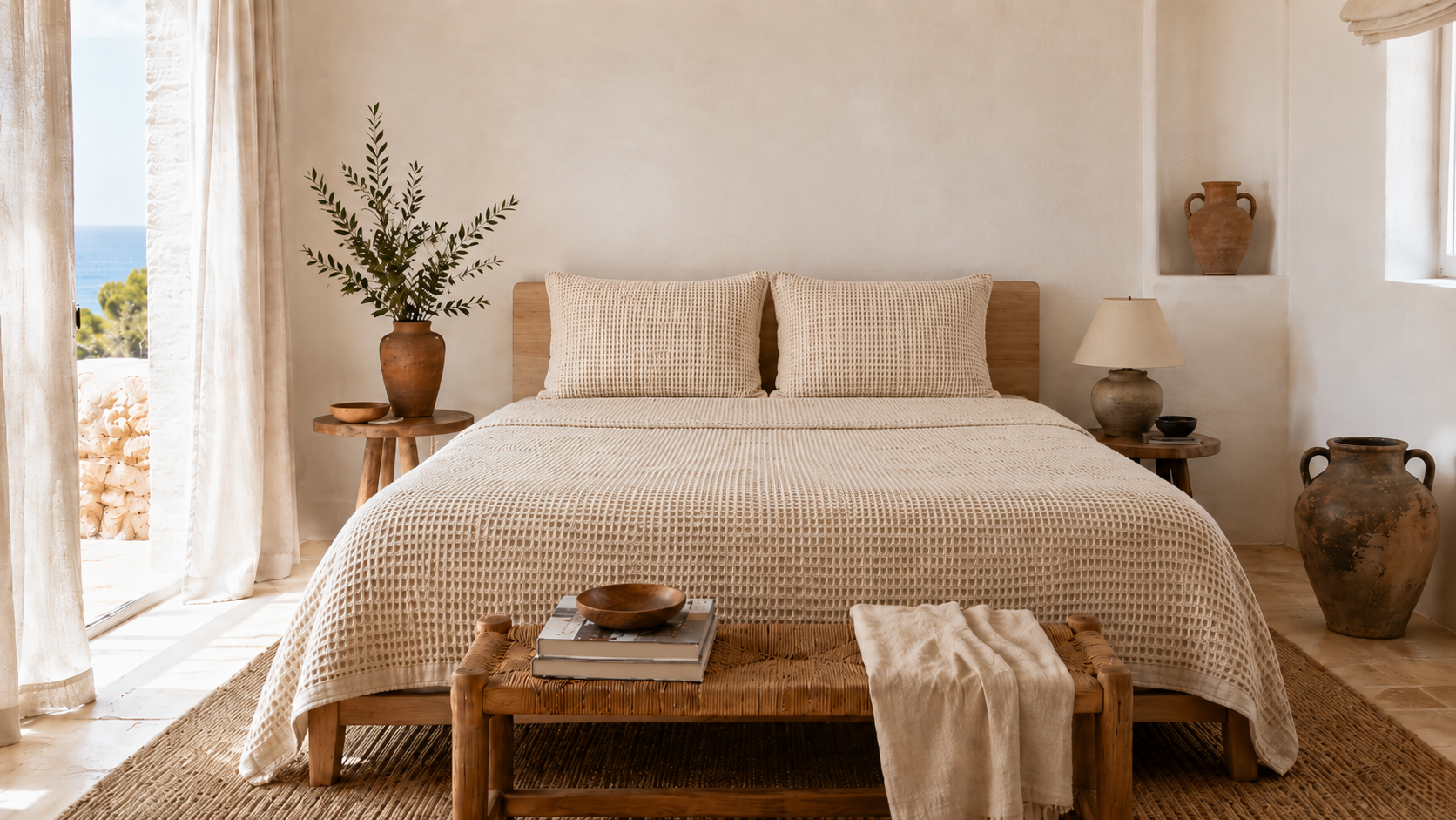 Parure de lit mise en scène dans une chambre lumineuse